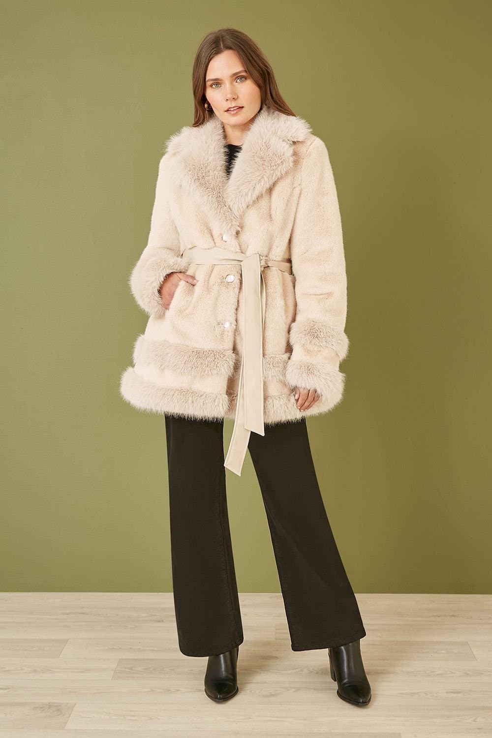 Yumi Yumi Women's Cream Luxe Faux Fur Swing Coat With Tie Belt