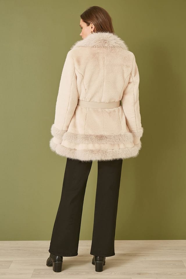 Yumi Yumi Women's Cream Luxe Faux Fur Swing Coat With Tie Belt - 2