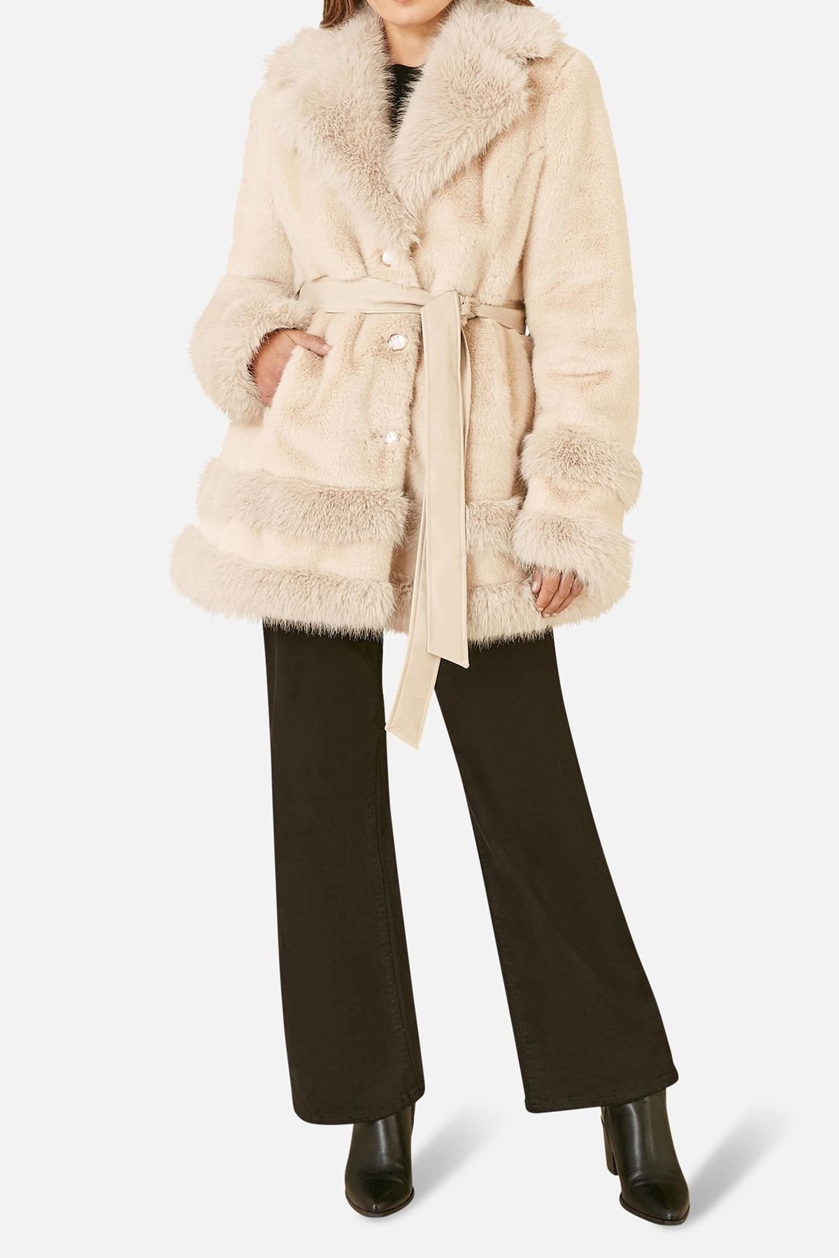 Yumi Yumi Women's Cream Luxe Faux Fur Swing Coat With Tie Belt - 4