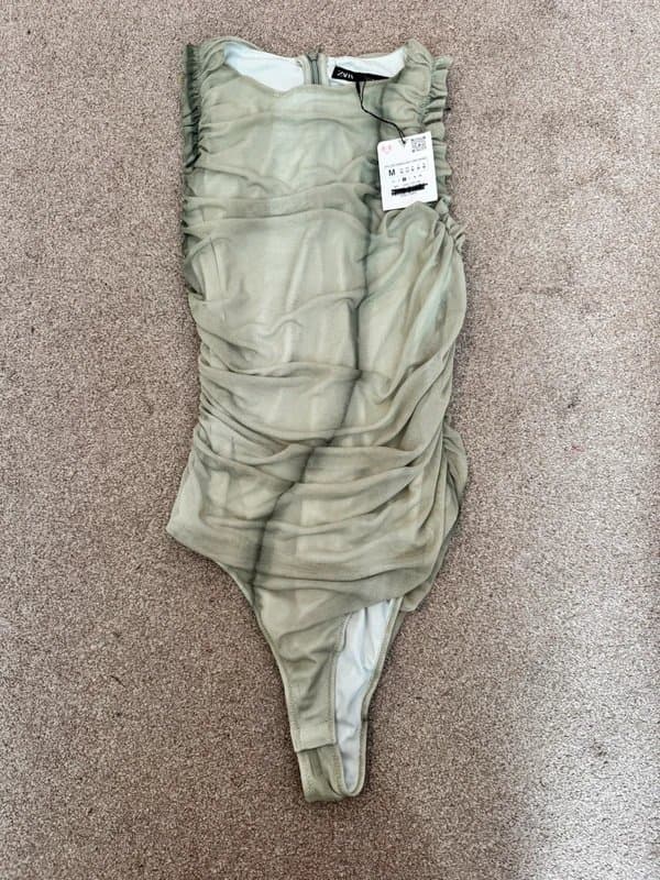 Zara ZARA Ruched Mesh Bodysuit – Sage Green – Size Medium – BNWT