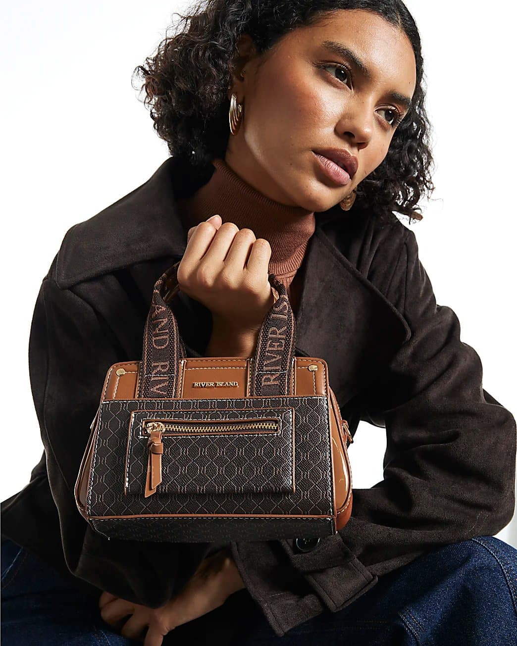 River Island River Island Womens Brown Webbing Handle Monogram Tote Bag