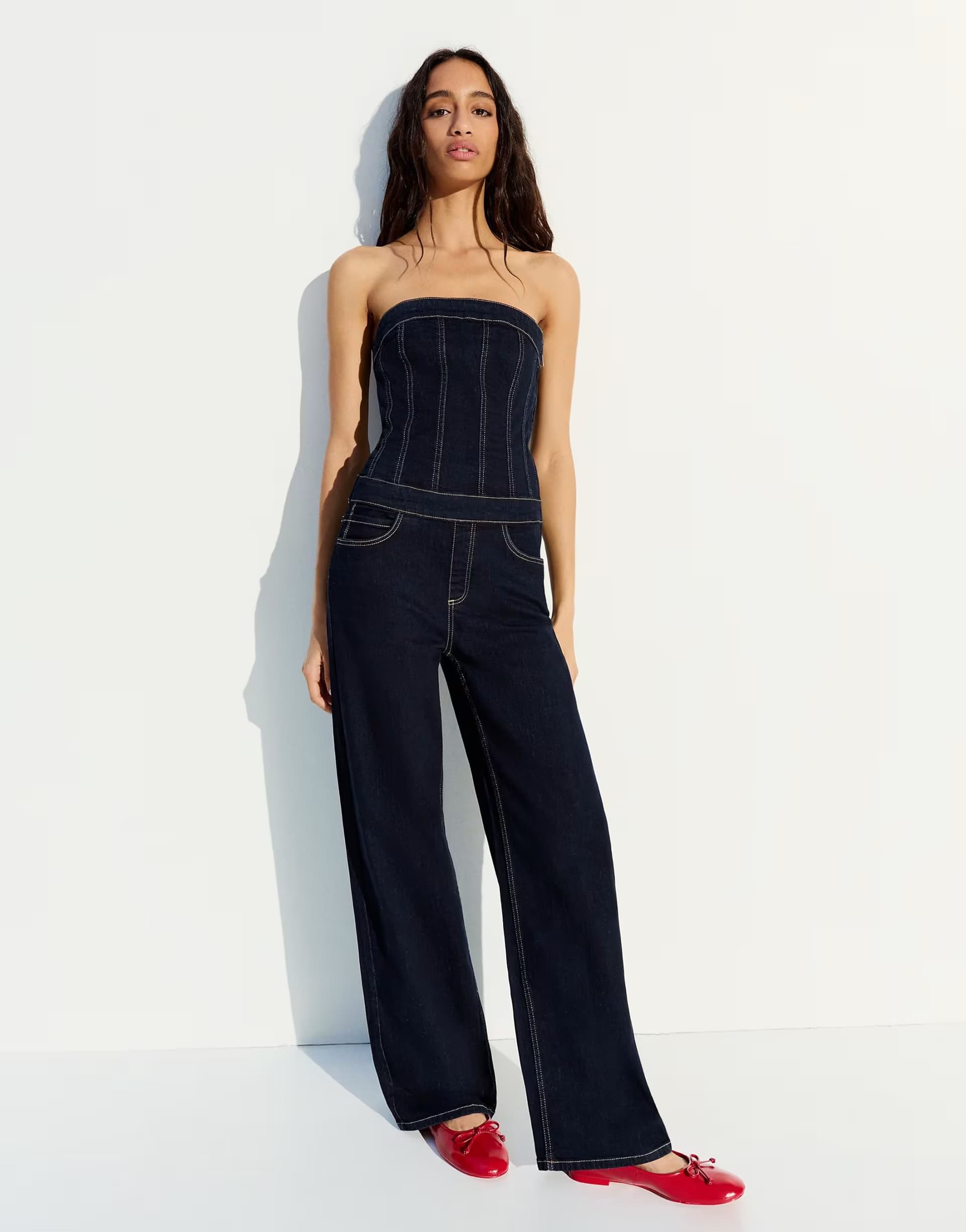 ASOS Bershka Long denim jumpsuit in blue