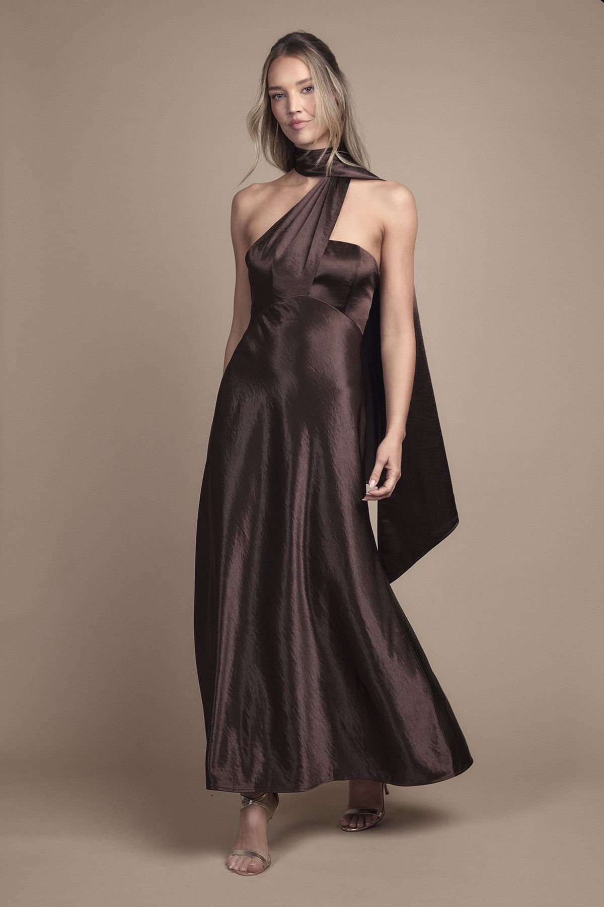 Coast Coast Women's Satin Scarf Detail Maxi Bridesmaid Dress in Chocolate