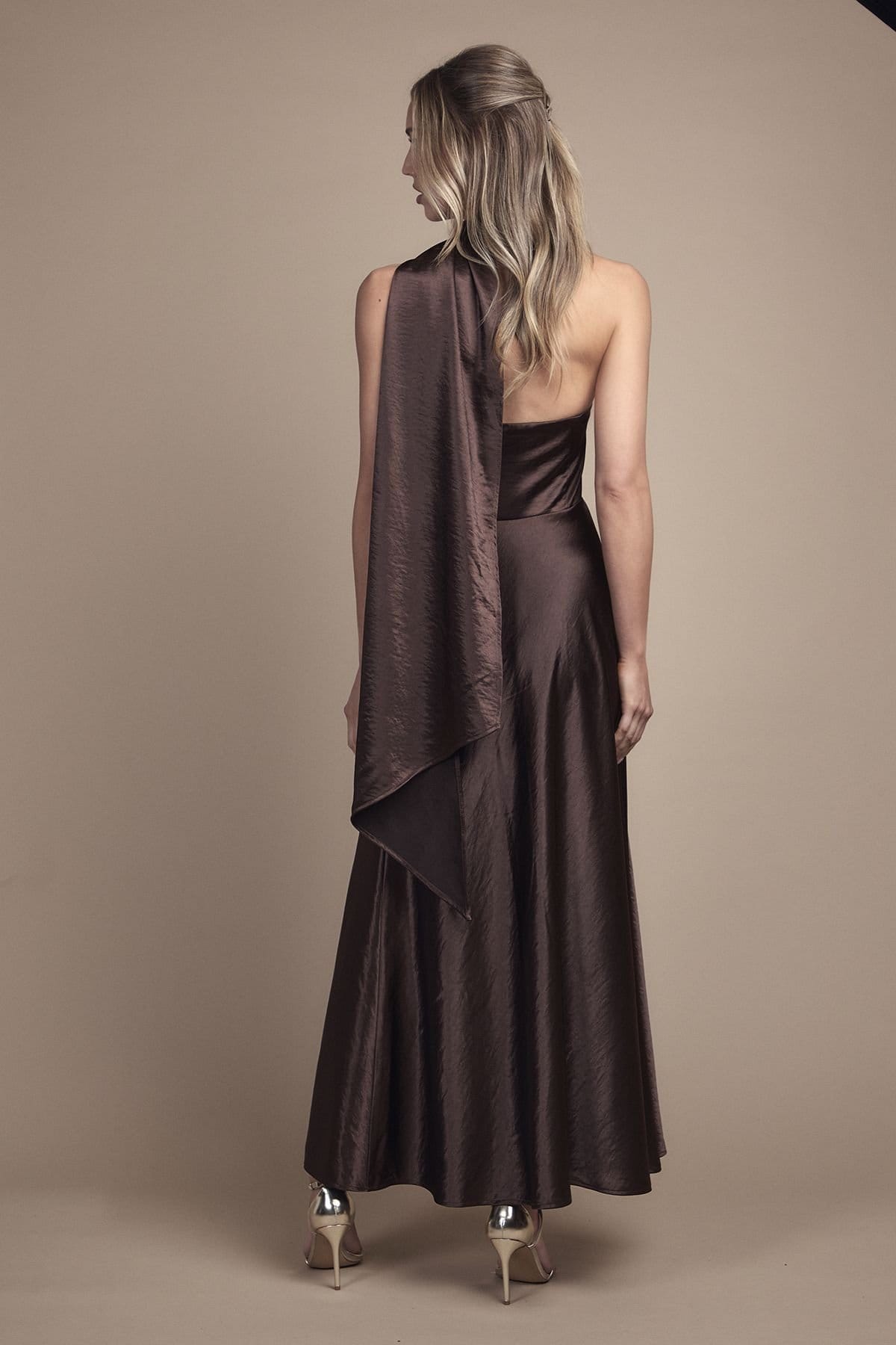 Coast Coast Women's Satin Scarf Detail Maxi Bridesmaid Dress in Chocolate - 4