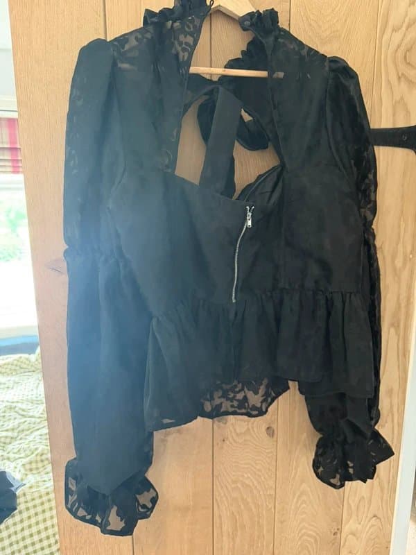 Asos luxe Pussy bow puff sleeve lace top in black