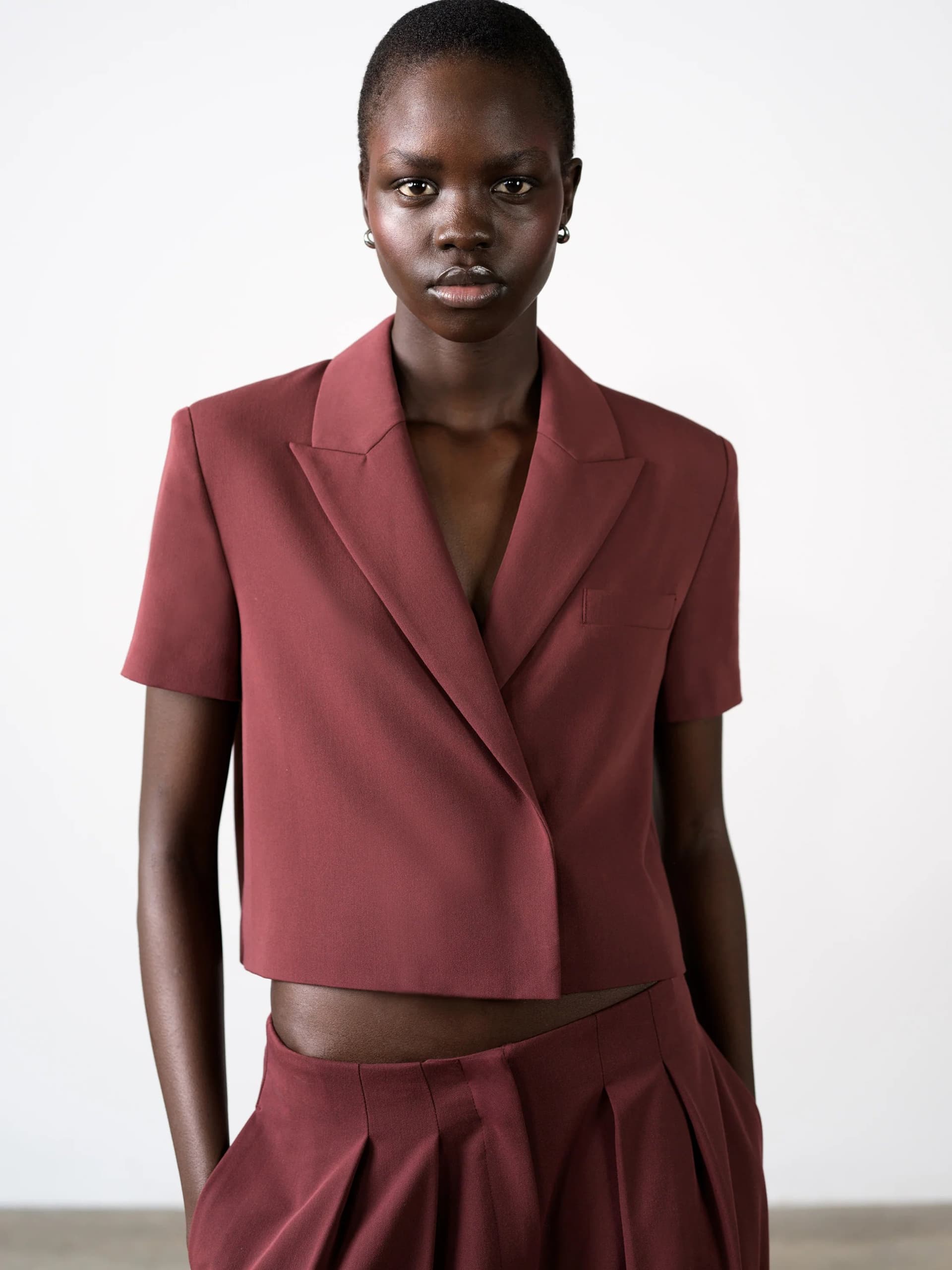 French Connection Rena Burgundy Tailored Cropped Blazer  Cherry Liqueur