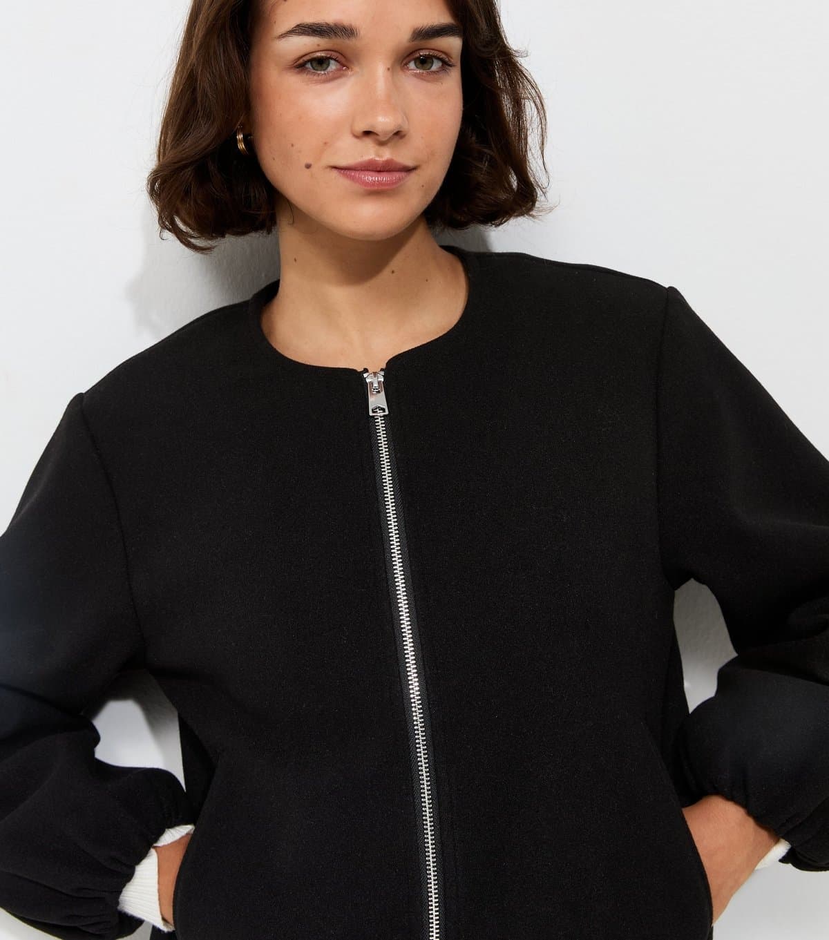 New Look Women's Black Collarless Zip Through Bomber Jacket New Look