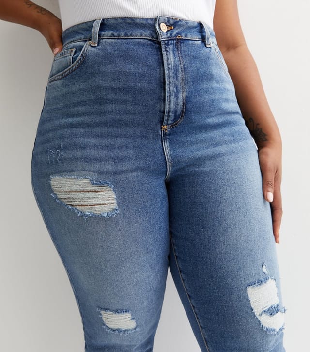 New Look Women's Plus Size Blue Ripped Ankle Grazing Hannah Straight Leg Jeans Curves New Look - 2