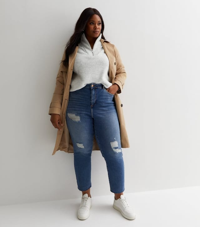 New Look Women's Plus Size Blue Ripped Ankle Grazing Hannah Straight Leg Jeans Curves New Look - 3