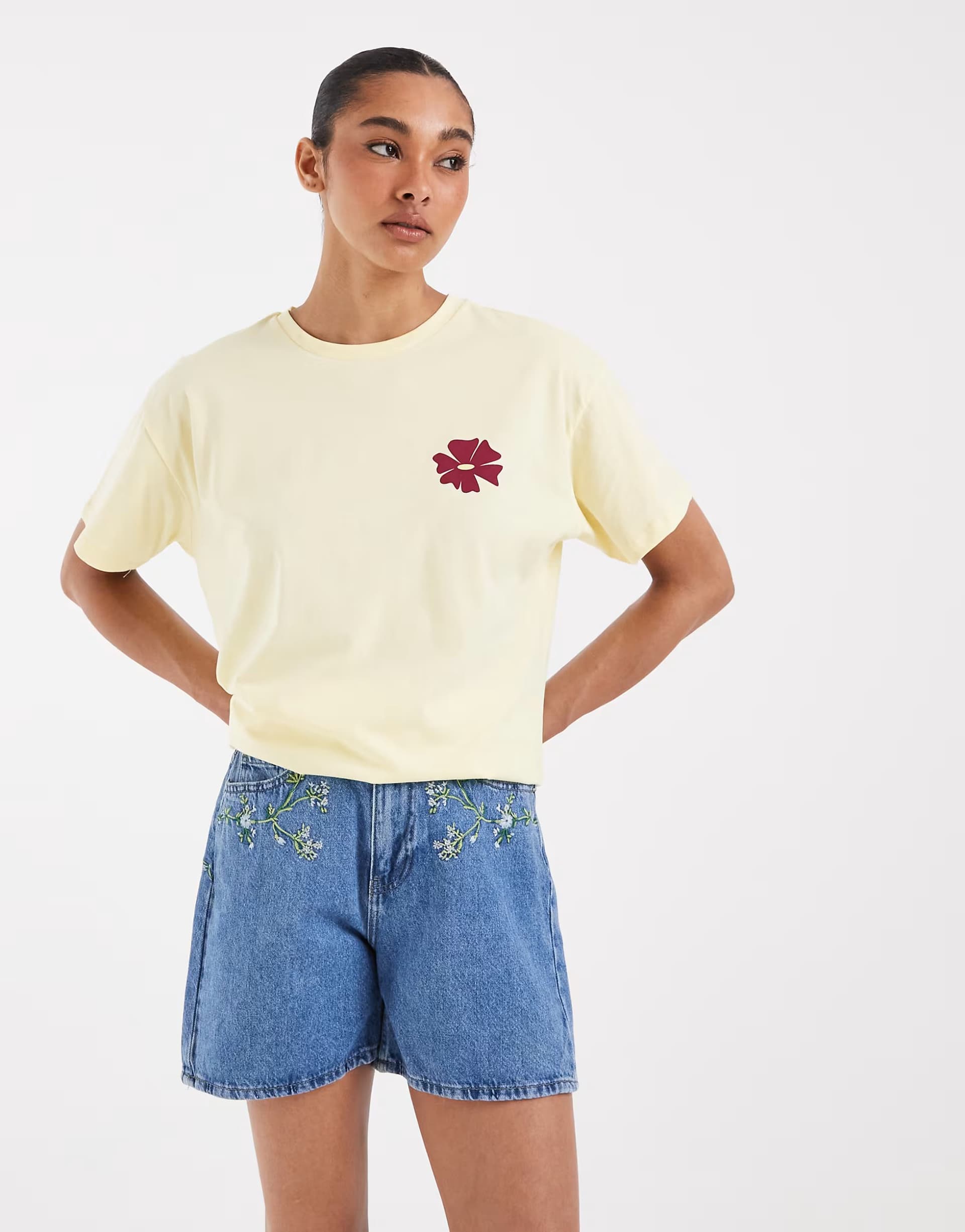 ASOS Pieces floral embroidered denim shorts in medium blue