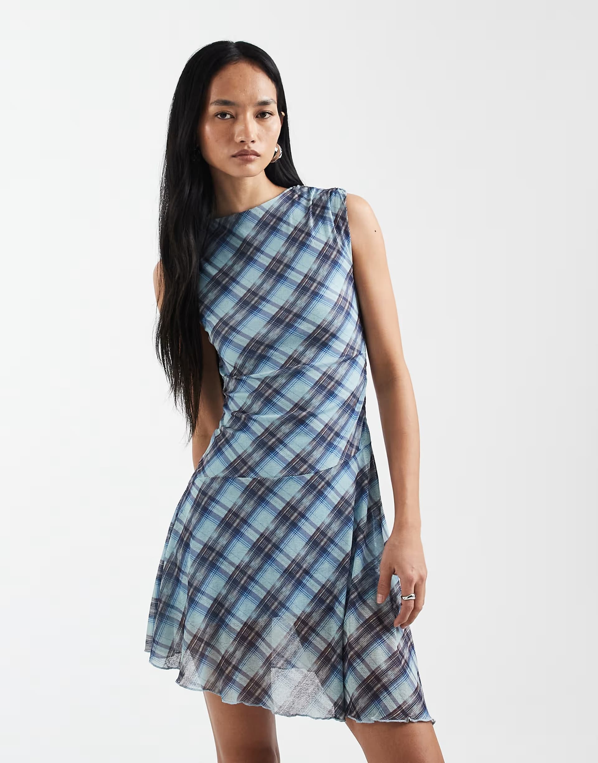 ASOS Cotton On mini mesh asymmetric hem dress in blue check