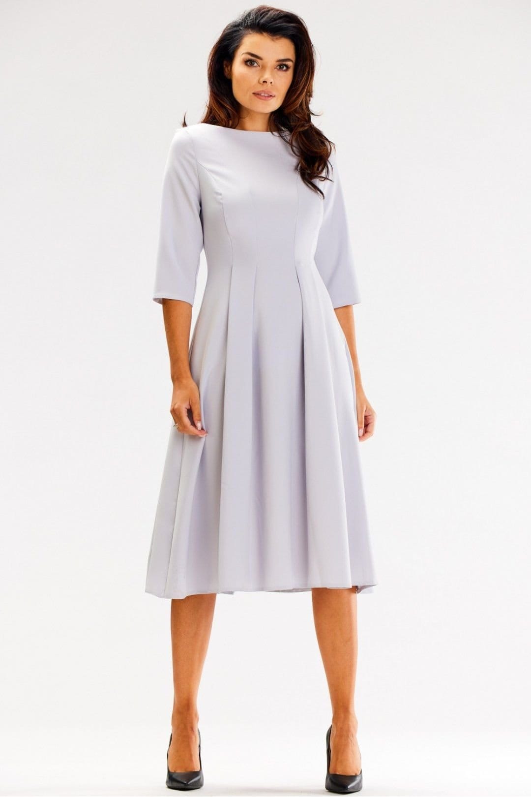 Love Lace Grey Boat Neck Flared Dress with 3/4 Sleeves