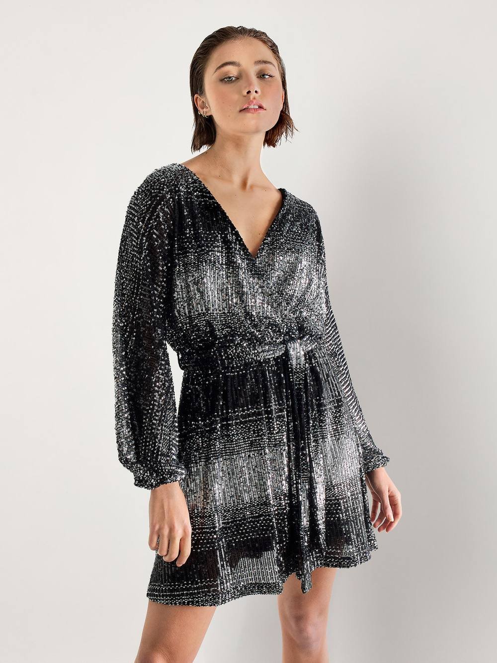 Apricot Apricot Women's Ombre Sequin Wrap Mini Dress in Black - 1