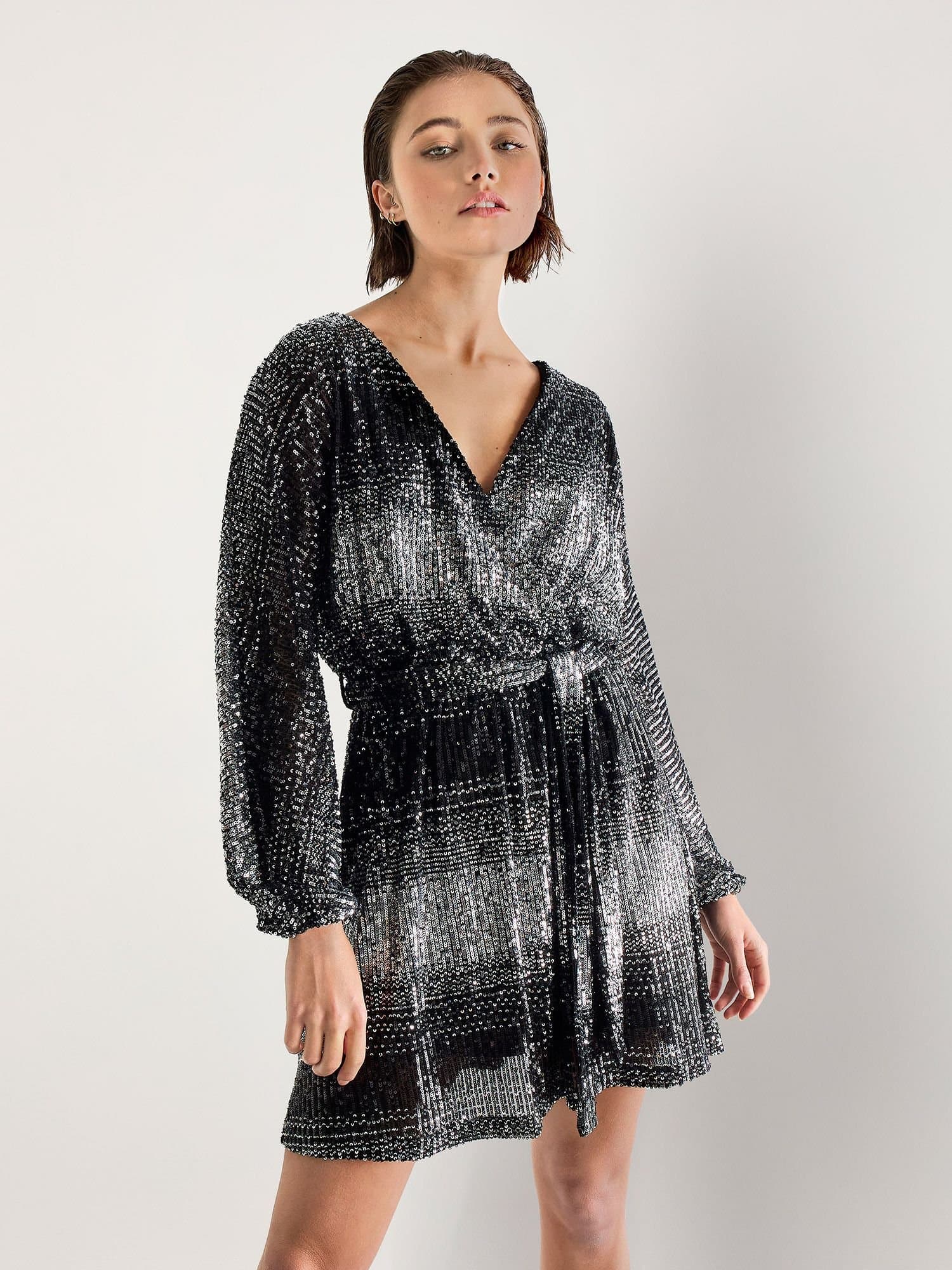 Apricot Apricot Women's Ombre Sequin Wrap Mini Dress in Black