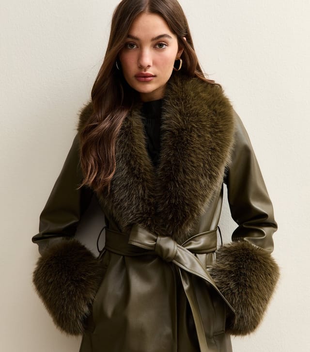 New Look Women's Khaki Faux Leather Faux Fur Trim Longline Jacket New Look - 3