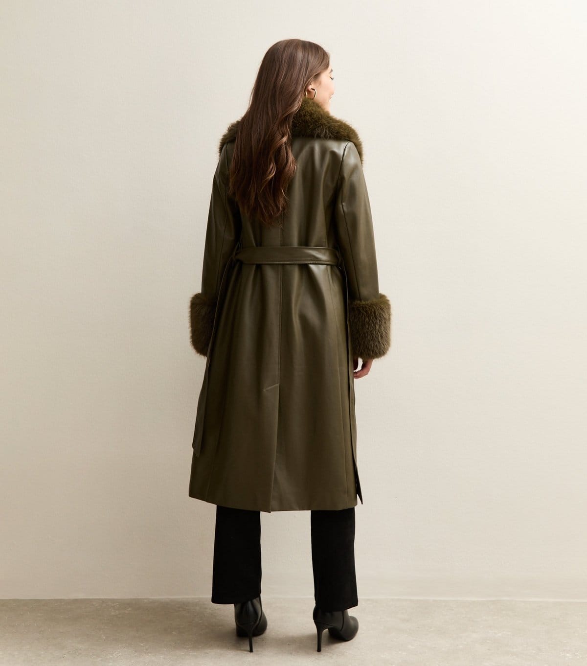 New Look Women's Khaki Faux Leather Faux Fur Trim Longline Jacket New Look - 4