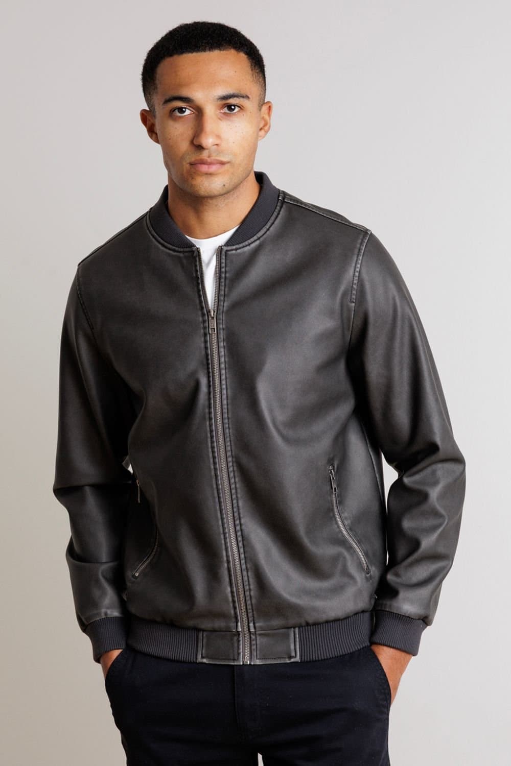 Tokyo Laundry Tokyo Laundry Men's Textured Bomber Jacket with Zip Fastening in Charcoal