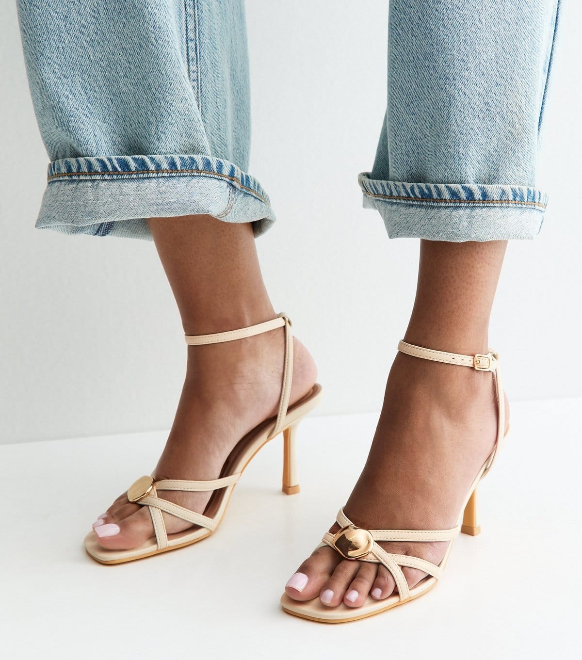 New Look Women's Off White Faux Leather Sculpted Charm Detail Strappy Sandals Vegan New Look - 1
