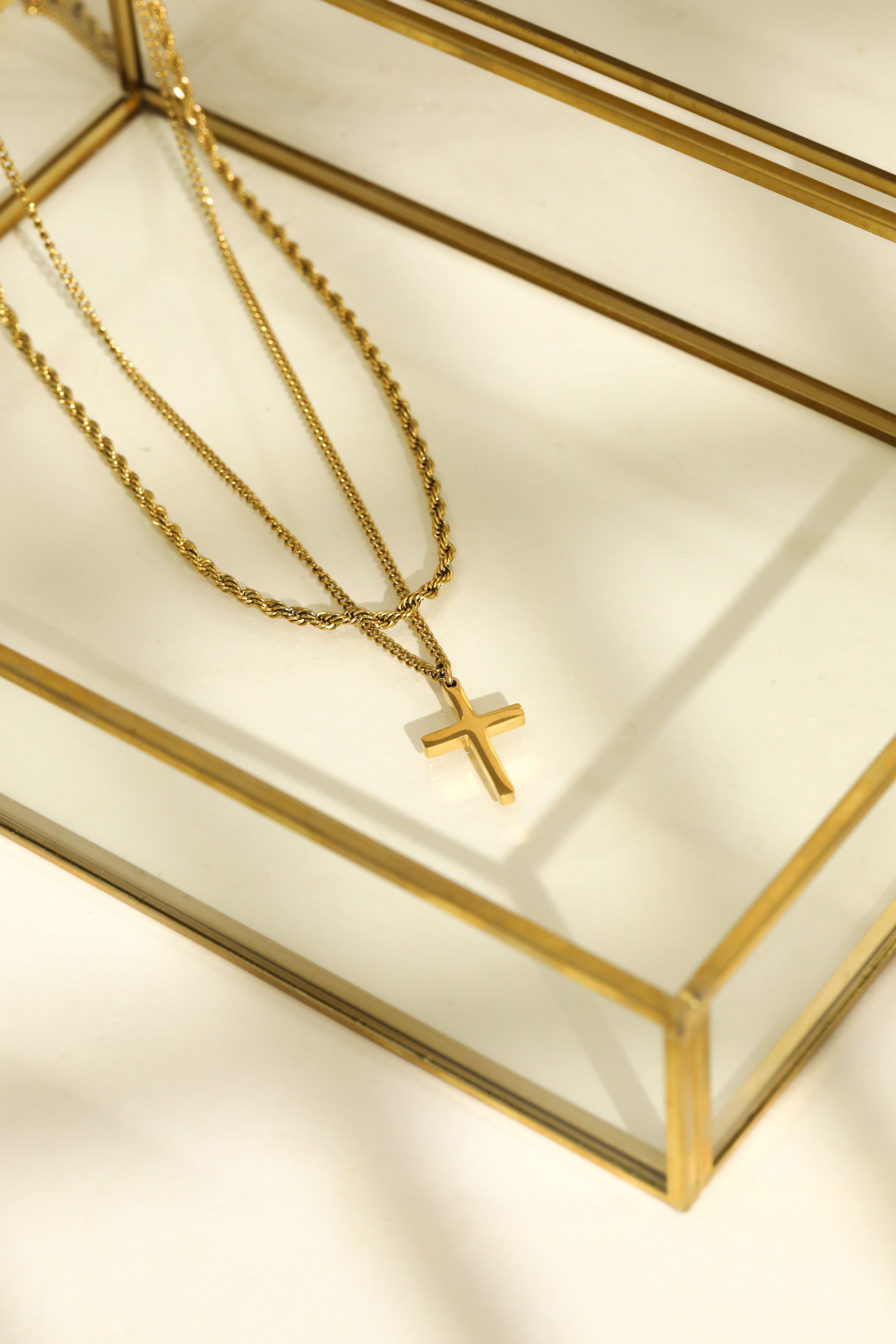 Inicio Inicio Men's Gold Plated Waterproof Double row Cross Necklace - Gift Pouch - 2