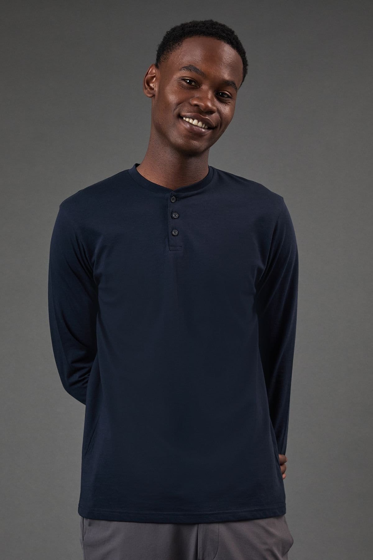 Burton Men's Navy Long Sleeve Grandad Neck T-Shirt