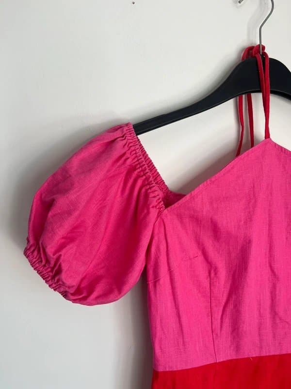 Never Fully Dressed Never fully dressed colour block halter neck linen blend puff sleeve mini dress