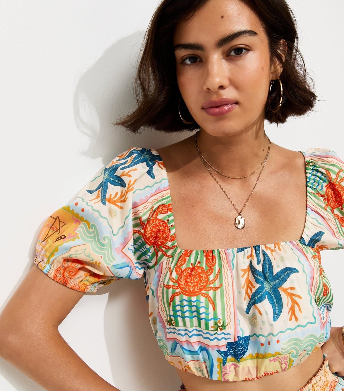 New Look Women's Multicoloured Patchwork Print Bubble Hem Crop Top New Look