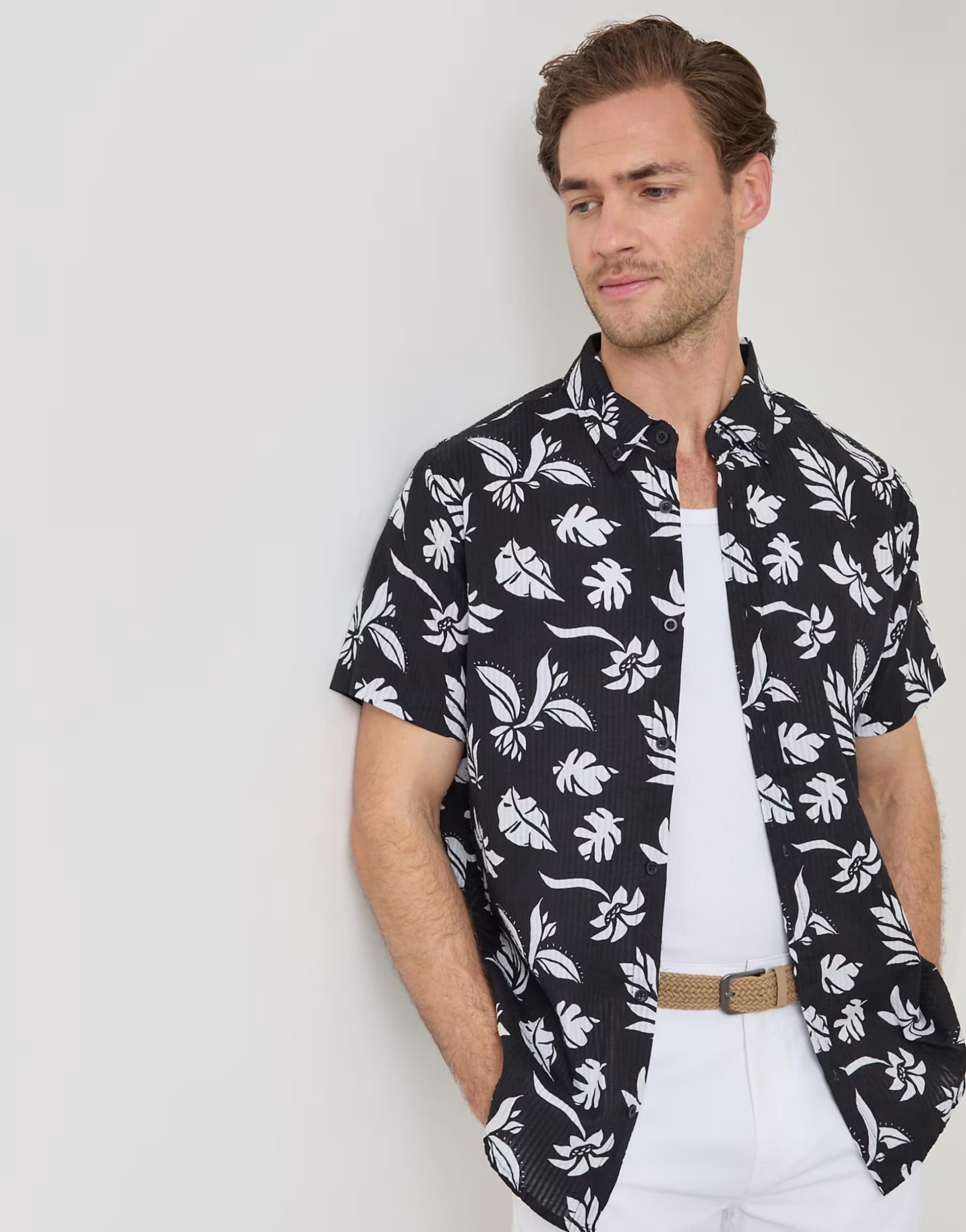 ASOS Threadbare Plant print cotton short sleeve shirt in black