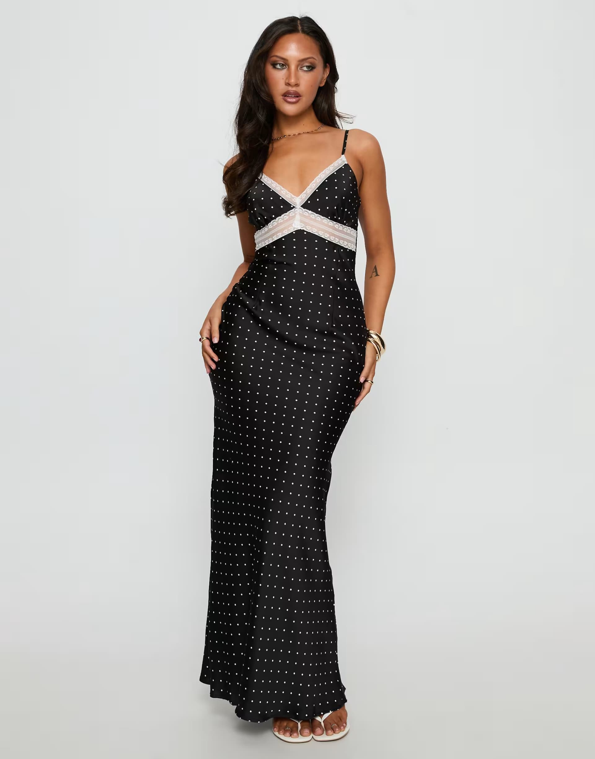 ASOS Princess Polly Inki satin contrast lace trim cami maxi dress in black polka dot