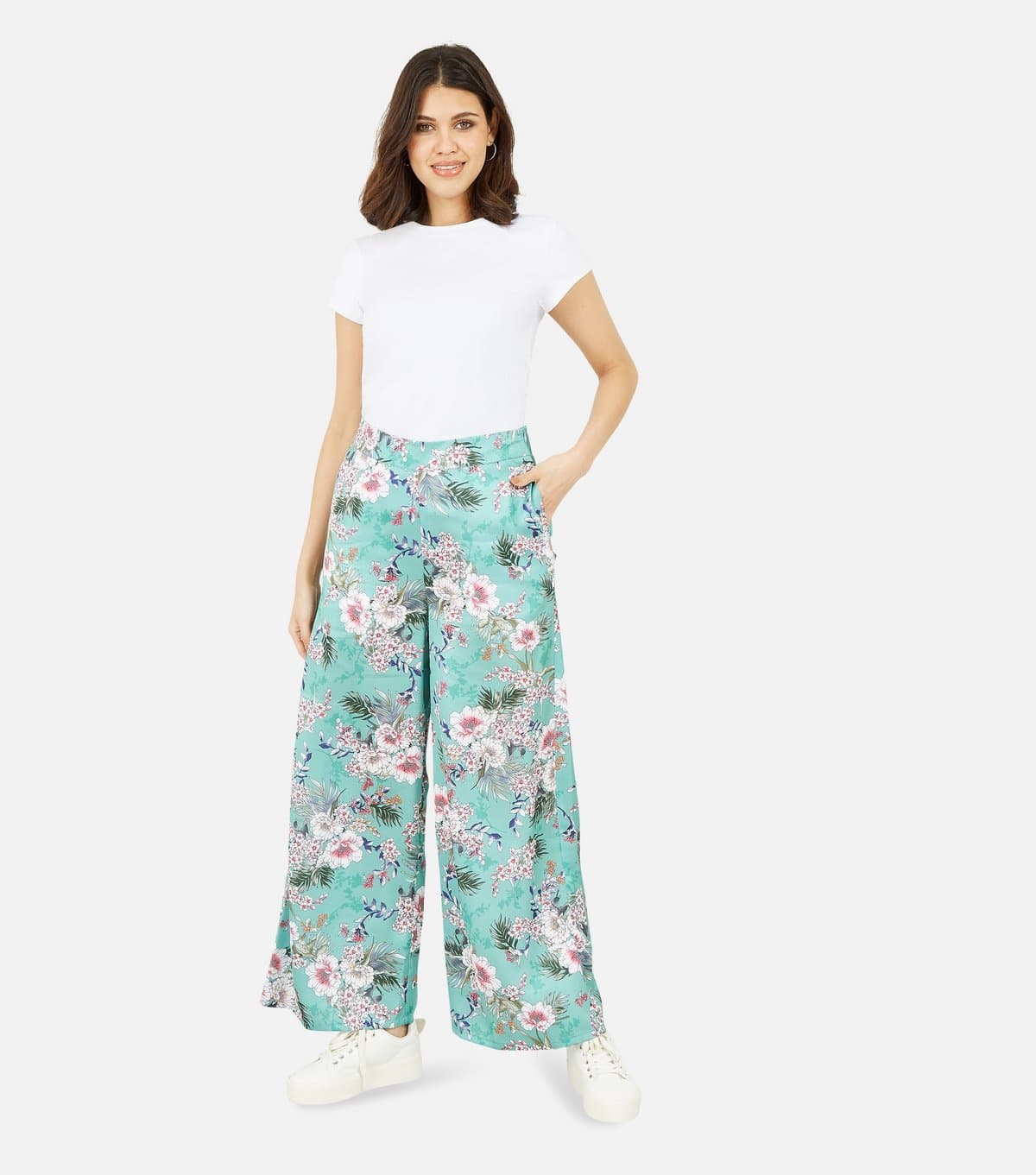 Yumi Women's Green Tropical Floral Wide Leg Trousers Yumi New Look
