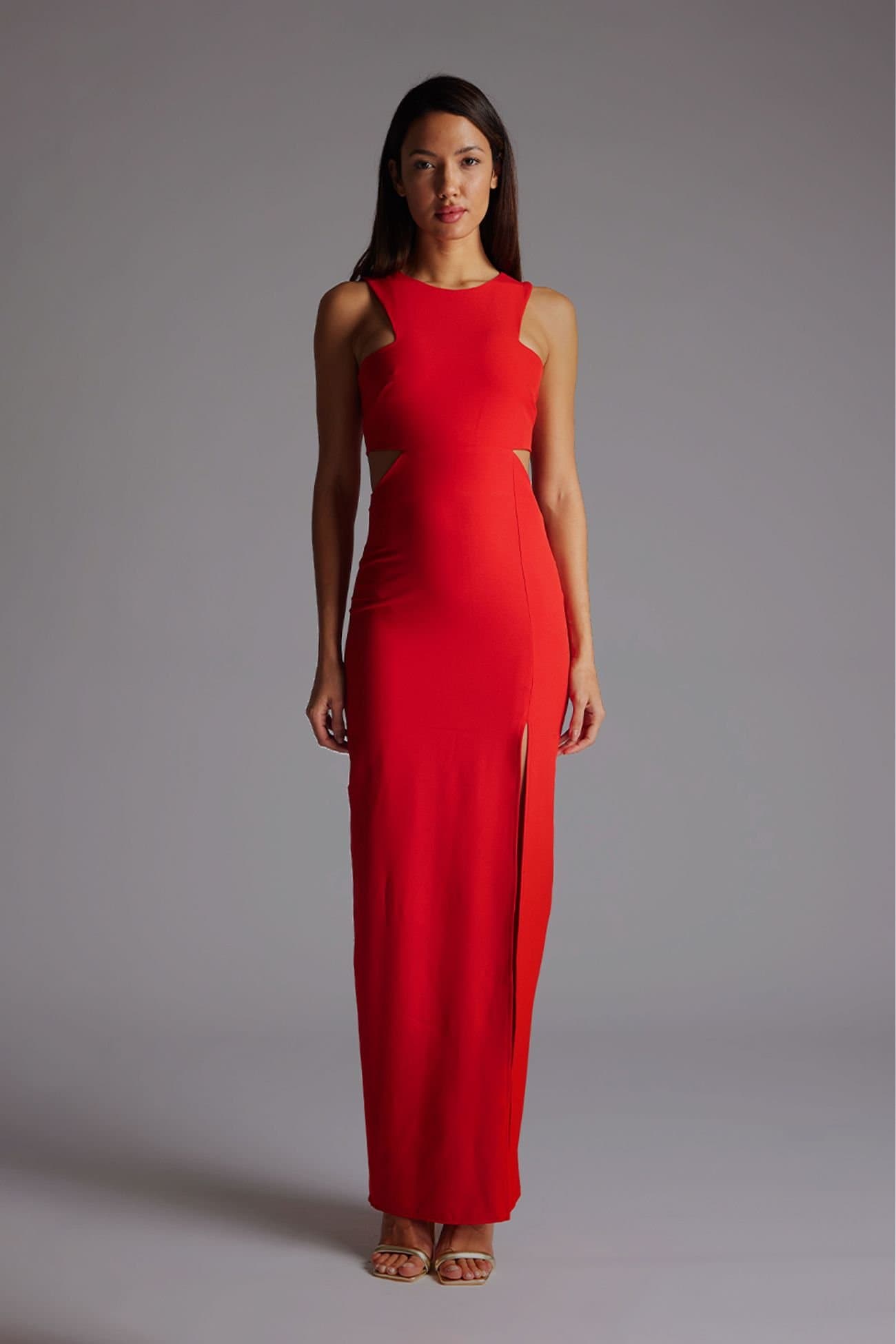 Vesper Vesper Women's Cut Out Maxi Dress with Thigh Split in Red