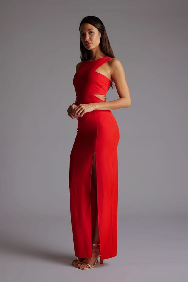 Vesper Vesper Women's Cut Out Maxi Dress with Thigh Split in Red - 2