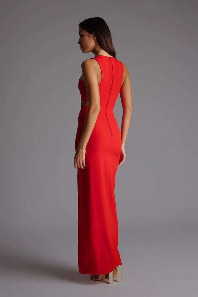 Vesper Vesper Women's Cut Out Maxi Dress with Thigh Split in Red - 3