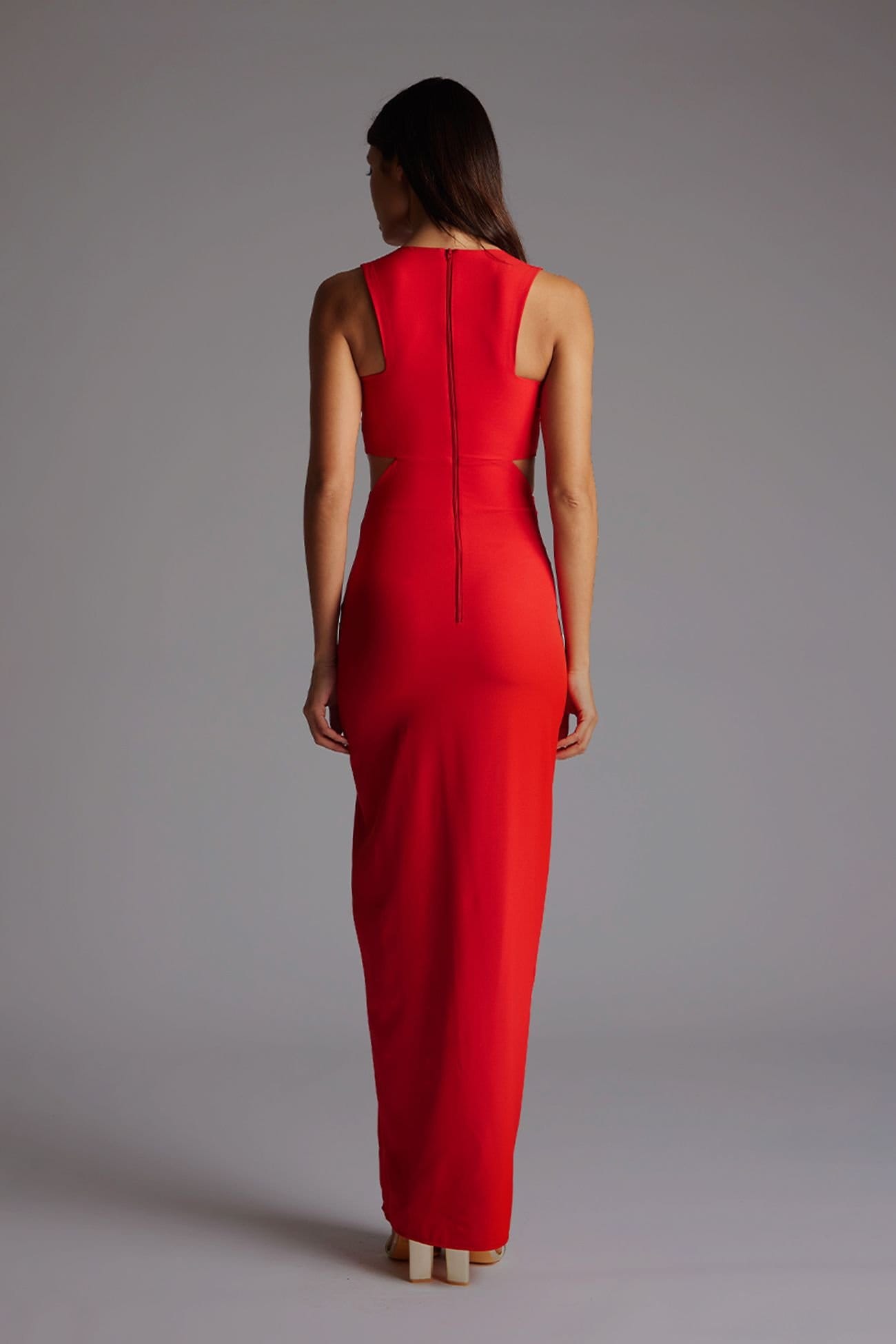 Vesper Vesper Women's Cut Out Maxi Dress with Thigh Split in Red - 4