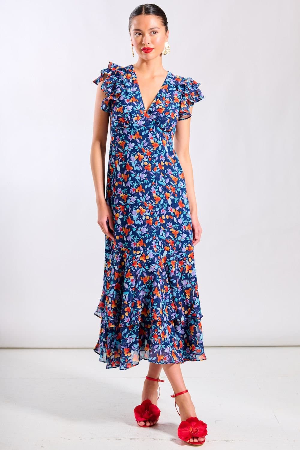 Needs No Label Needs No Label Women's Blue Floral Ruffle Midi Dress