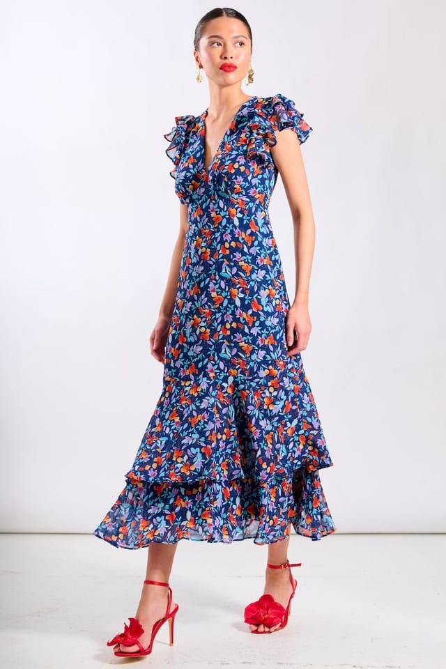 Needs No Label Needs No Label Women's Blue Floral Ruffle Midi Dress - 2