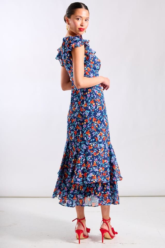 Needs No Label Needs No Label Women's Blue Floral Ruffle Midi Dress - 3