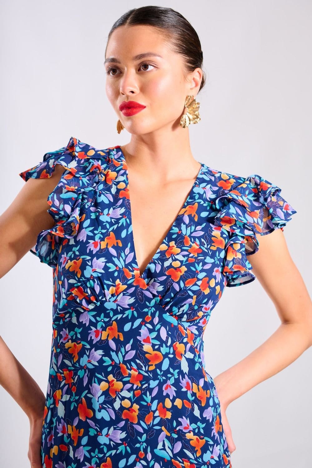 Needs No Label Needs No Label Women's Blue Floral Ruffle Midi Dress - 4