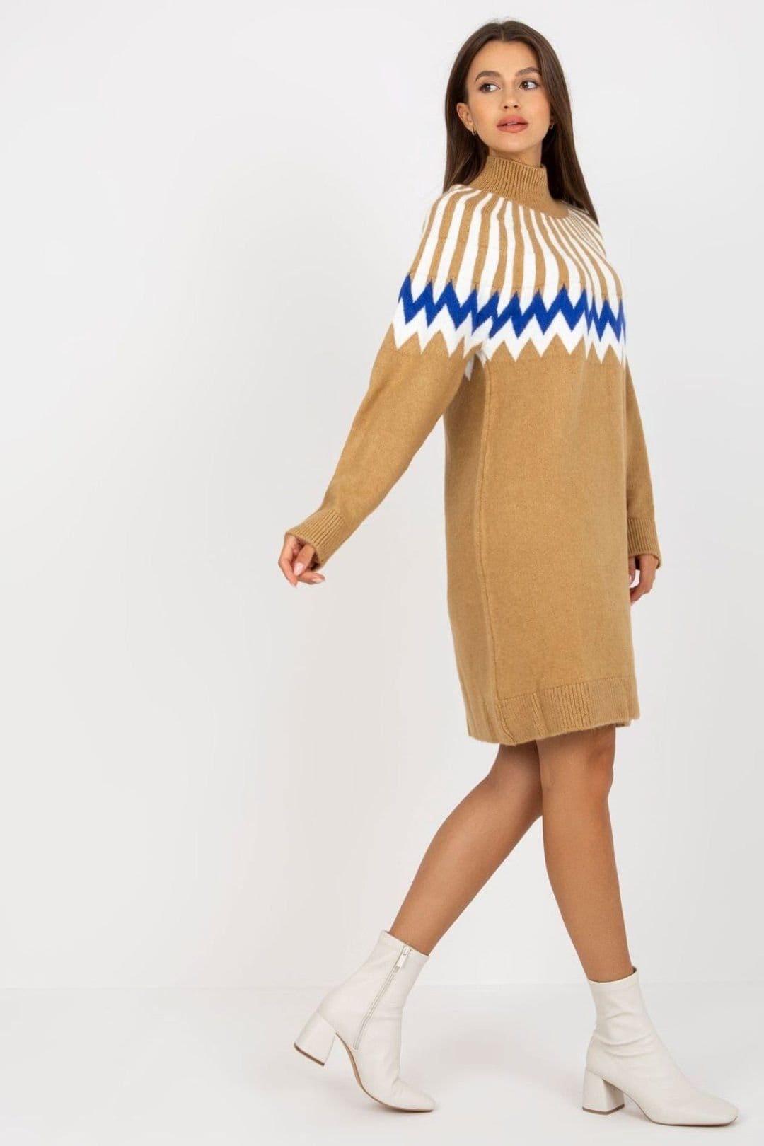 Love Lace Brown Geometric Knit Turtleneck Long Sleeve Dress