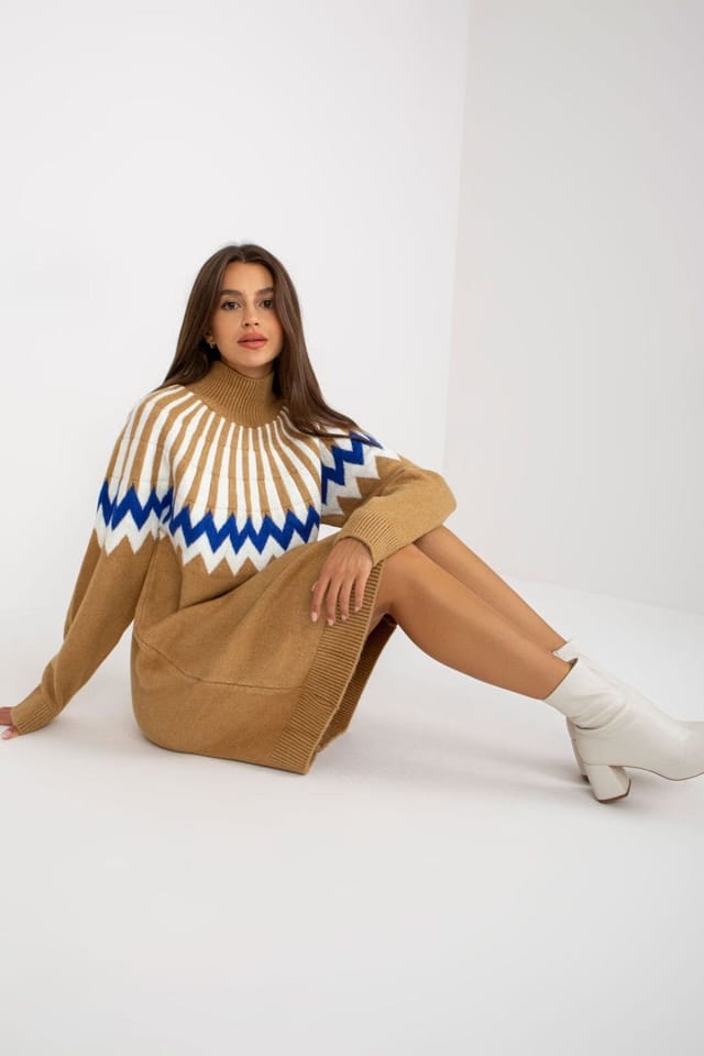 Love Lace Love Lace Women's Geometric Knit Turtleneck Long Sleeve Dress Style 170359 in Brown - 2