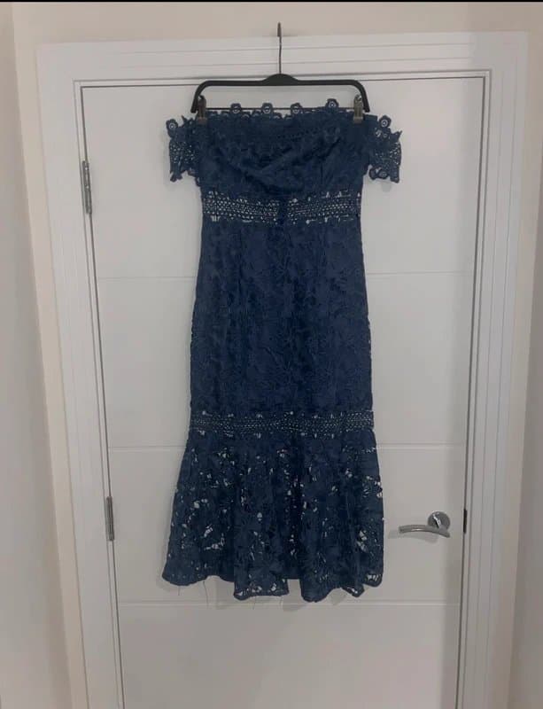 ASOS Asos Blue Bardot Crochet Lace Fishtail Midi Dress Size 10 Occasion Smart Stylish wedding guest
