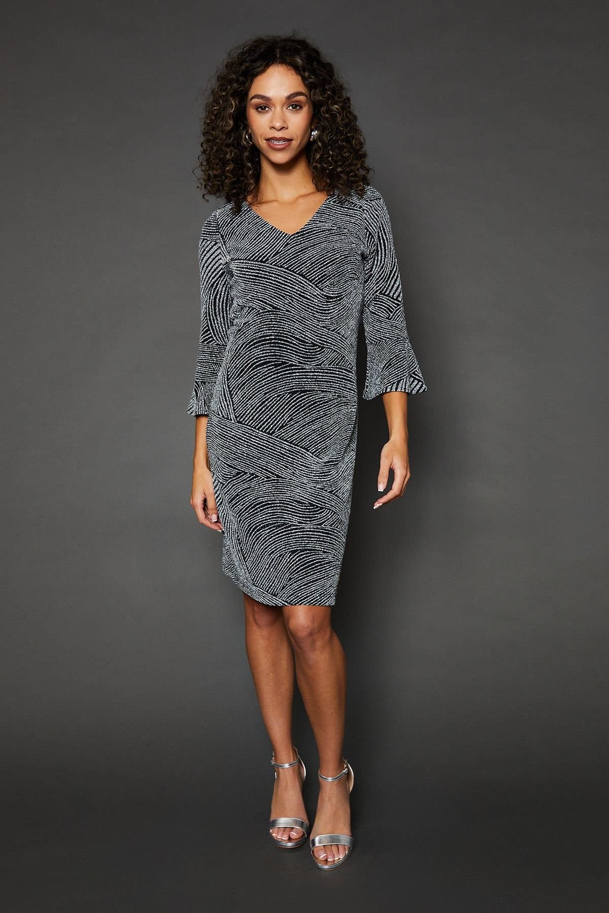 Wallis Wallis Women's Occasion Glitter Jersey Ruffle Shift Dress in Silver