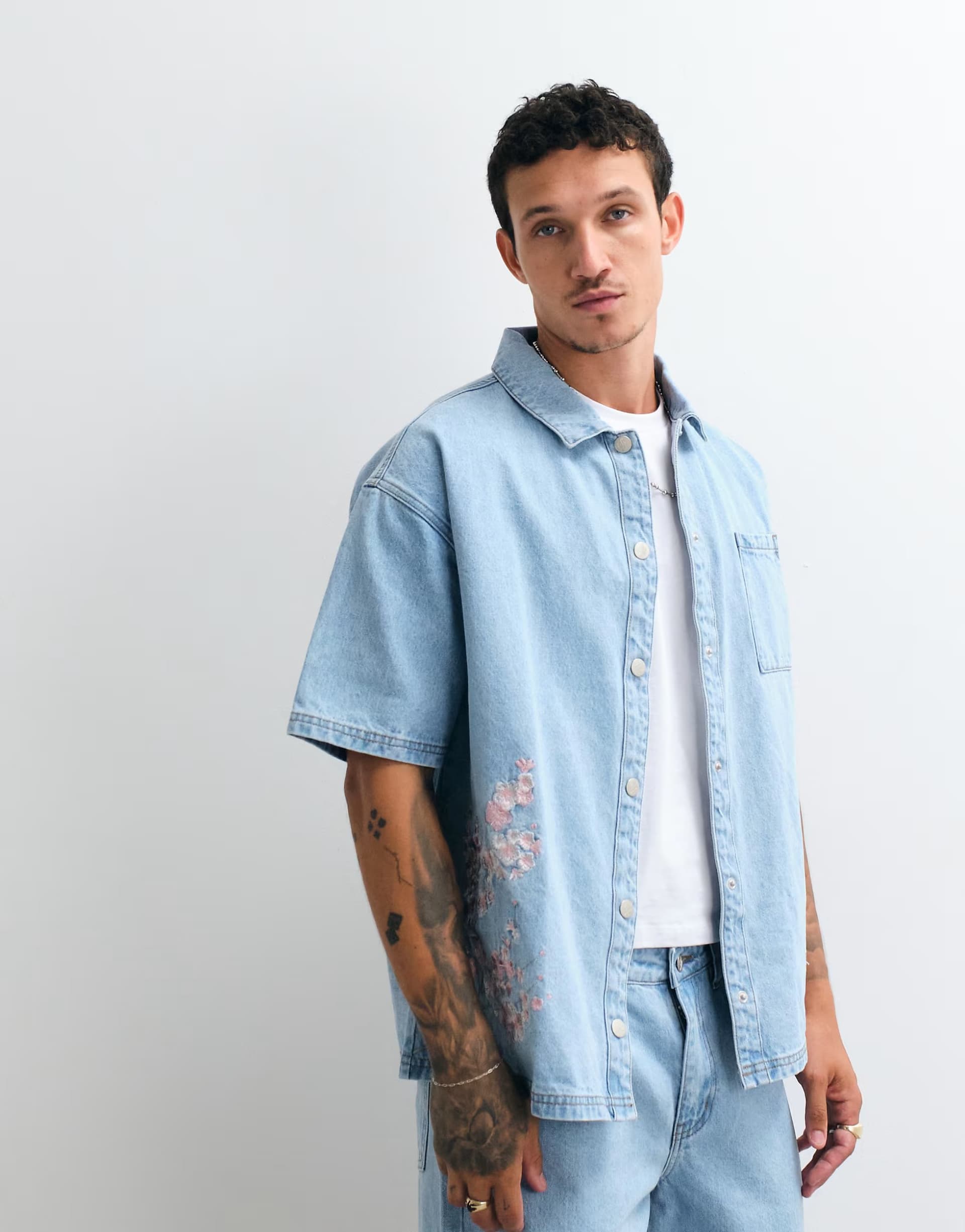 ASOS Liquor N Poker denim shirt co-ord with japanese blossom print embroidery in light wash blue