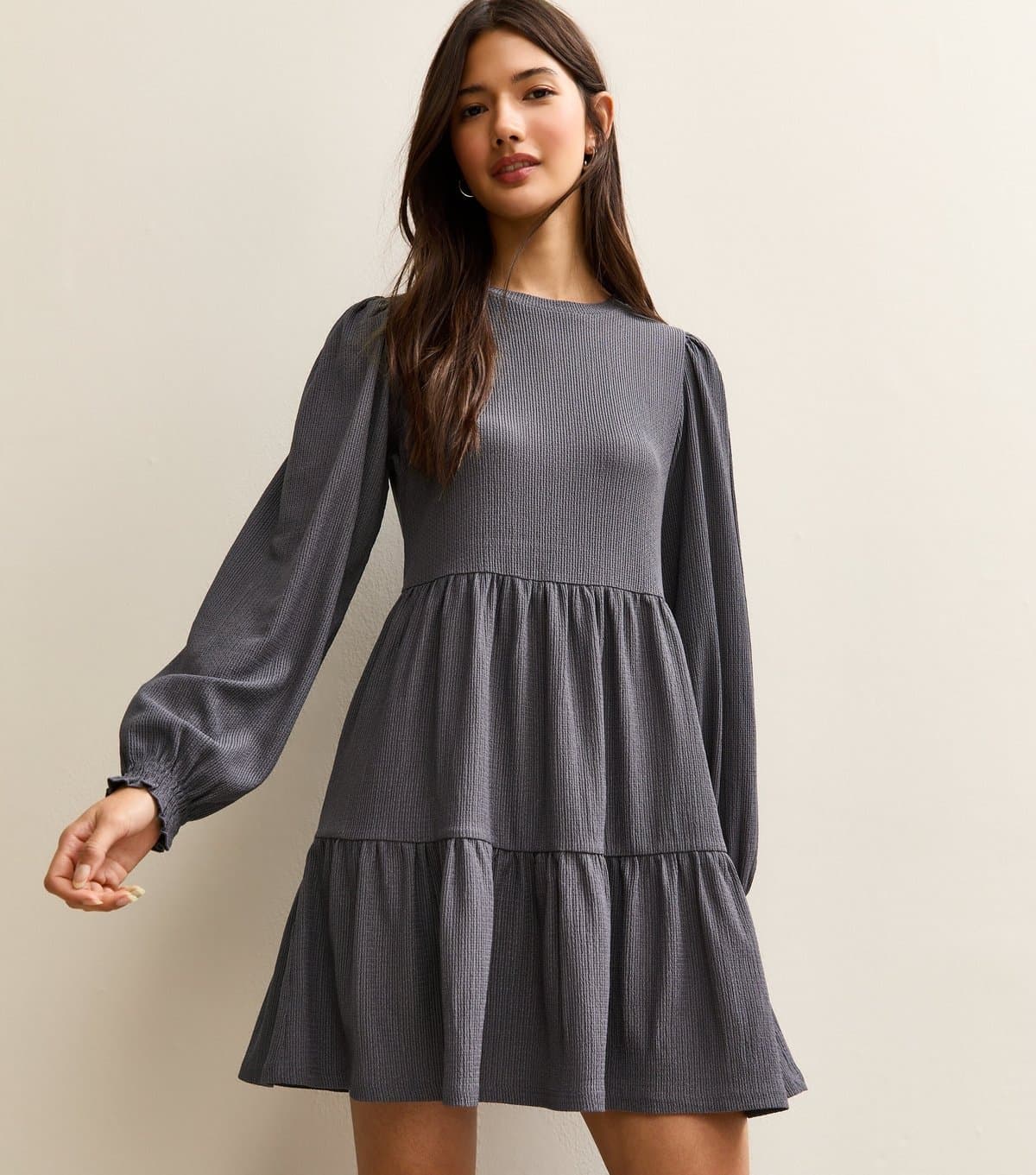New Look Women's Dark Grey Crinkled Tiered Mini Dress New Look