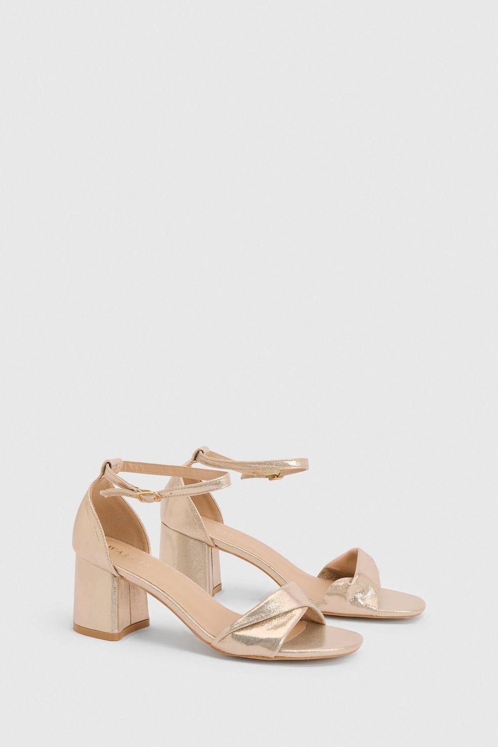 Wallis Wallis Women's Wide Fit Sophia Metallic Textile Soft Twist Medium Block Heel Sandals in Gold - 1