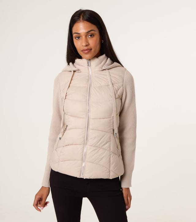 Blue Vanilla Women's Stone Knitted Sleeve Puffer Jacket Blue Vanilla New Look - 3