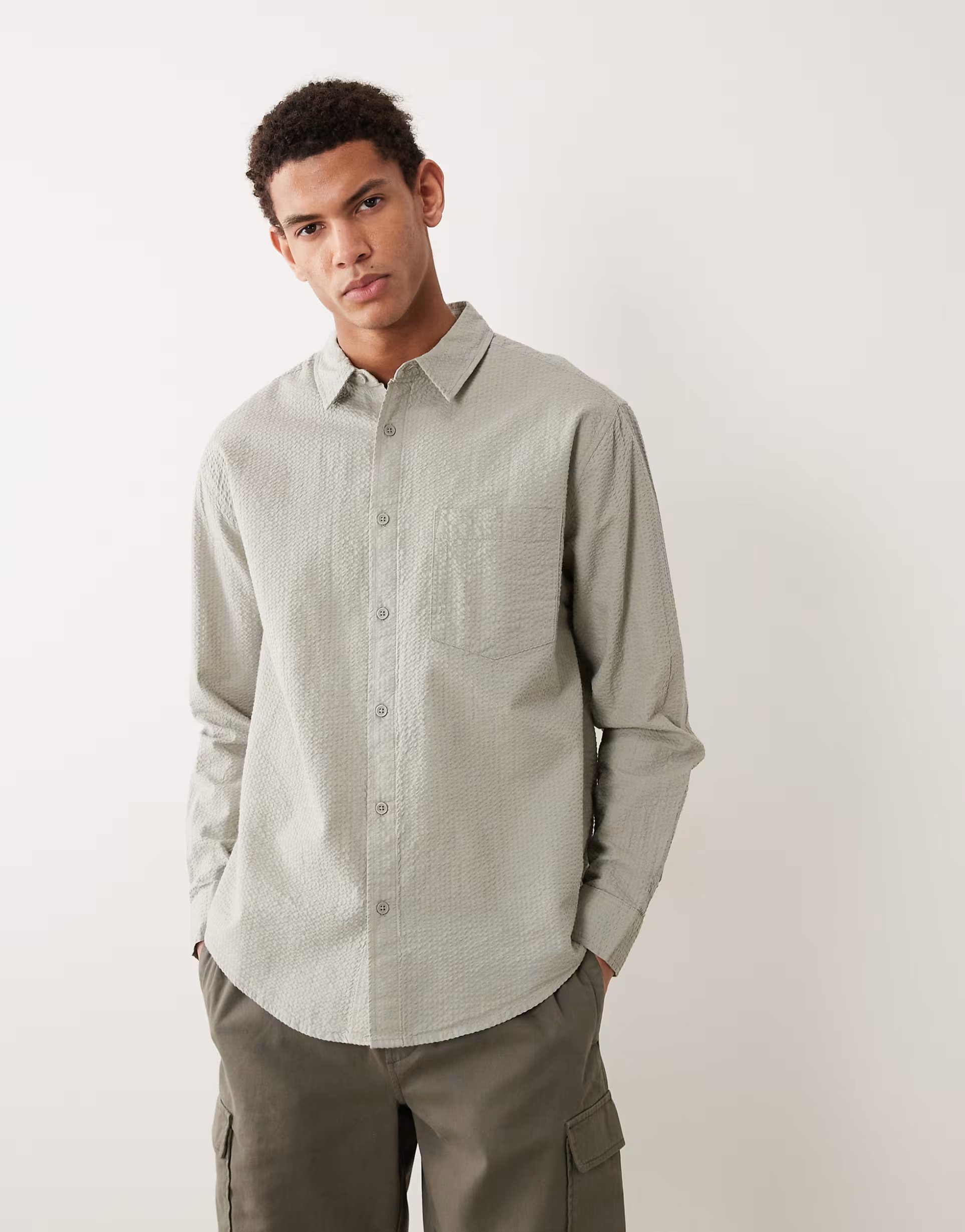 ASOS ASOS DESIGN relaxed seersucker shirt in sage green - 1