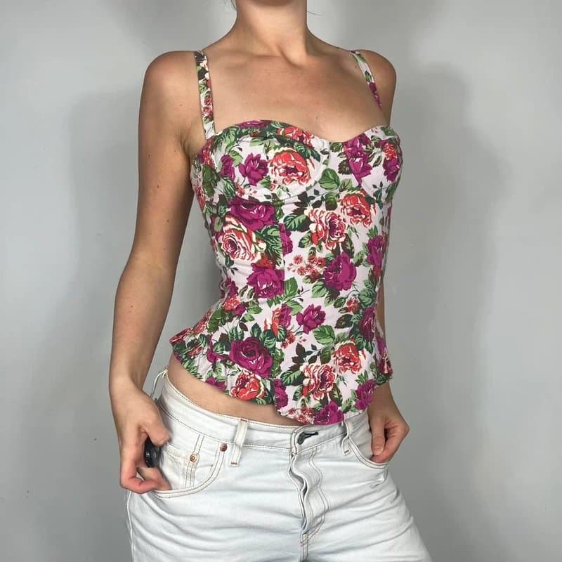 Topshop Delicate floral corset top with adjustable straps, featuring a soft and stretchy material