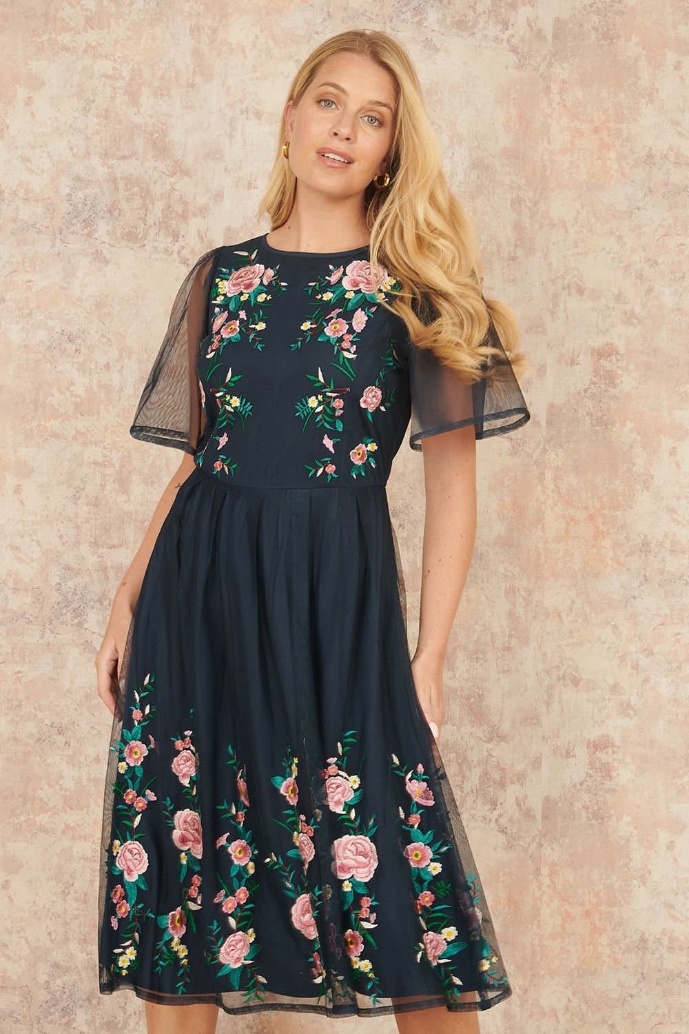 Yumi Yumi Women's Navy Embroidered Short Mesh Sleeve Prom Skater Dress