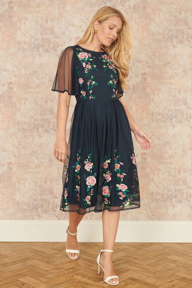 Yumi Yumi Women's Navy Embroidered Short Mesh Sleeve Prom Skater Dress - 2