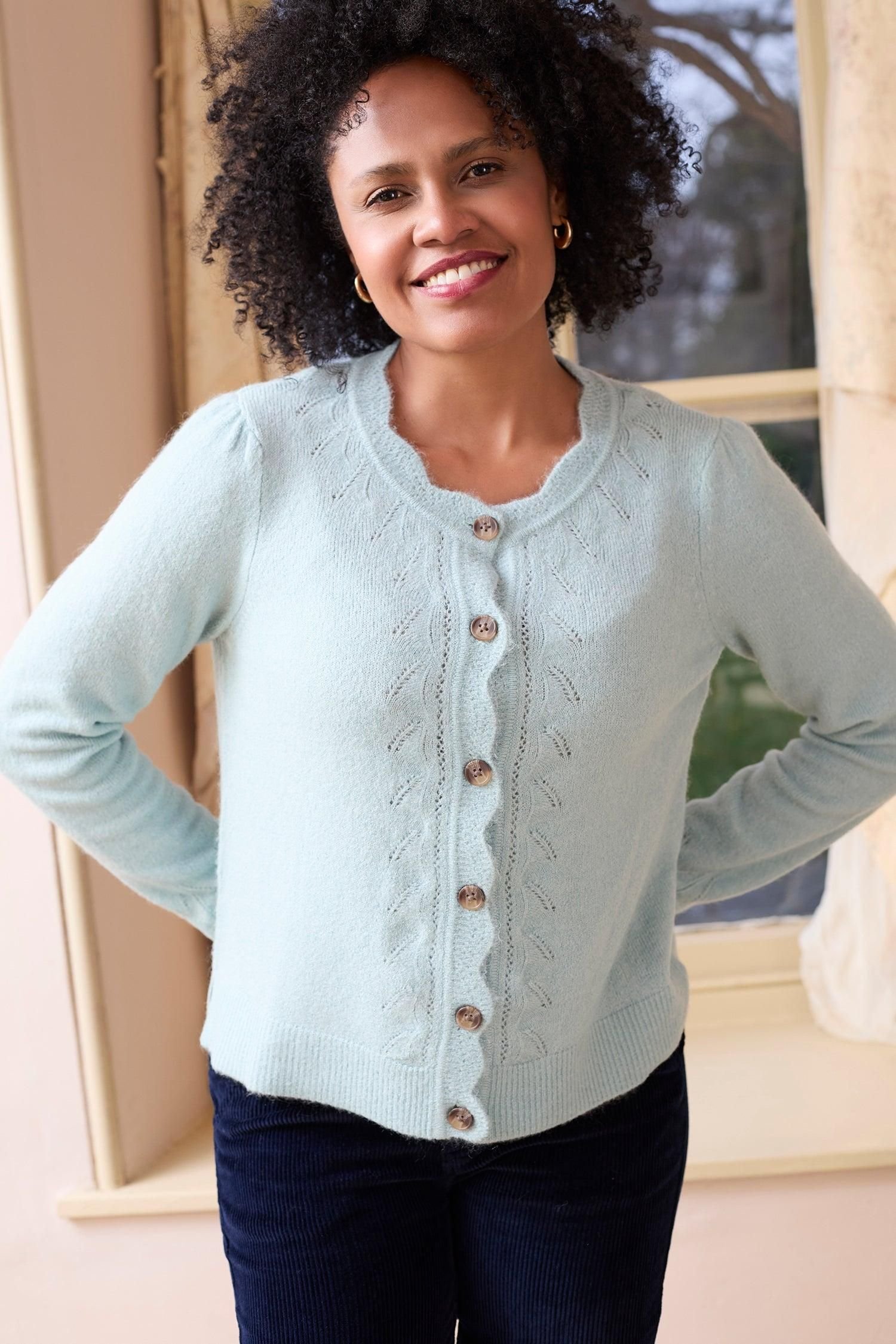 Lily & Me Lily & Me Women's Layla Scalloped Neck Blended yarn Pointelle Knit Cardigan in Duck Egg Blue - 1